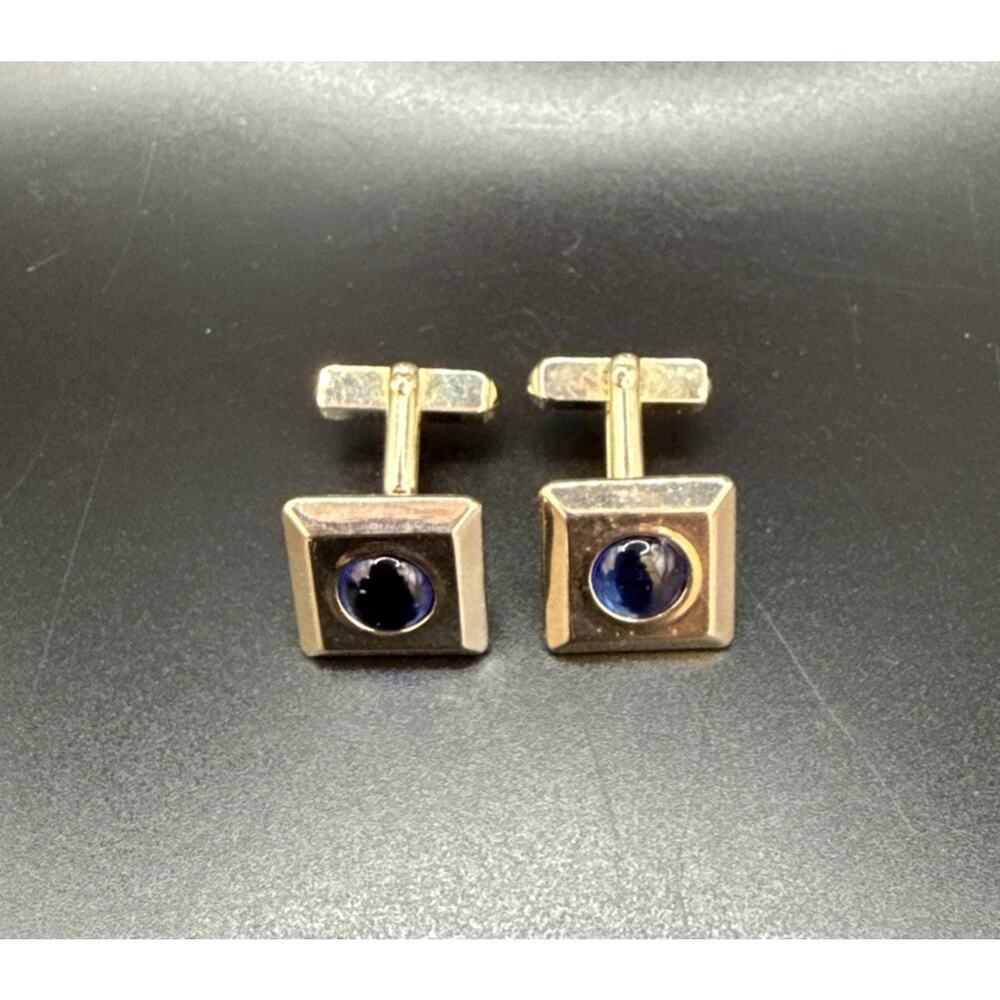 Vintage Swank Bright Blue Stone Gold Tone Cufflinks With Makers Mark
